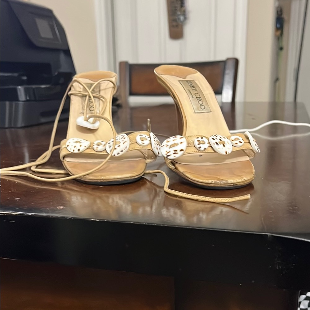 Jimmy Choo Tan and White Heels with Crystal Embellishments